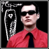 25 identical static images showing a person in red shirt and black tie against dark background with white skull-and-crossbones, text changes