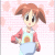 Animated sequence of a cartoon character with brown pigtails holding a blue bowl, performing actions against a pink floral background.