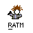 Pixelated character with brown spiky hair, gray jacket, and black gloves holding a black object, with 'RATM' text below.