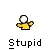 Yellow cartoon figure with white circular head in various poses including standing, falling, and lying down beneath text reading 'Stupid' on a white background.