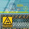 Pixel art image of a character behind glass with raised hands, next to a yellow 'DANGER' sign showing an electrical hazard symbol.