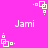 A bright pink background features multiple white pixelated icons and the text "Jami" in a blocky font, with some icons showing slight variations.