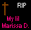 Pixelated icon with a brown cross, 'RIP' text, and pink 'My lil Marissa D.' text on black background.