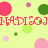 Pixelated image with light yellow background, pink text reading 'MADISON', and scattered colored circles in pink, purple, green, and light green.