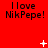 Red background with repeated 'I love NikPepe!' text and animated white pixel symbols changing across frames.