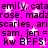 A static image with bright pink background and white starbursts, displaying repeated text about 'emily', 'cataemily', 'madrose', 'ariscarles', 'sam', 'jen = sam', and 'kw BFFS!' in black pixelated font.
