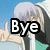 Anime character with light purple hair and green-and-black clothing makes a peace sign under a blue sky, text changes from 'Bye' to 'Bye!' then to a smiling pose.