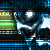 Pixelated static image with dark blue background, green and yellow horizontal stripes on left, and a large gray and white abstract shape on right.