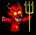Red devil figure with yellow horns and trident, alternating between two expressions: one with gray teeth, the other with yellow teeth.