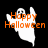 A ghost-shaped icon with 'Happy Halloween' text in orange, displayed across three states: white on black background, gray on black background, and dark gray on black background.