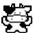 Pixelated cow icon with black-and-white patches, raised arms, and a smiling expression on gray background; text "Cows Are The Best MOO MOO!:)" in blue