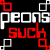 Pixelated text repeats 'peons' and 'such' in red and white on black background with red and white square patterns.