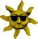 Animated golden sun with sunglasses, multiple variations of ray positions and facial expressions on a gray background.