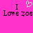 Pixelated text and heart symbol on bright pink background with repeated 'I Love zoe' phrases.