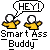 Pixelated cartoon figures in yellow shirts with white heads, displaying sequential speech bubbles and gestures against a gray background.