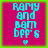 Four identical pixelated squares with cyan text on magenta background, each containing 'Ramy and Bam bff's' and a small heart symbol.