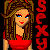 Pixel art contact sheet showing two frames of an animated buddy icon featuring a cartoon woman in red dress with brown hair and blue eyes, next to vertical red text reading "SEXY" on black background.