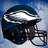 Pixelated image of a dark blue football helmet with silver face mask and white stripe on top against light blue gradient background.
