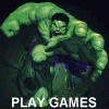 Green muscular figure with clenched fists and furrowed brow, red-shirted character holding white object, red-and-blue costumed figure pointing right.