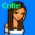 Pixelated image of a woman with long brown hair wearing a white top, green text reading "Cute" above her head on blue background.