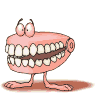 Cartoon mouth character with pink lips, white teeth, and brown gums in various open/closed states on gray background.