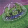 Green-skinned cartoon characters in a transparent dome on a green base with partial text.