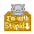 Pixel art cat with pink cheeks and green eyes sits atop a brown sign reading "I'm with Stupid" with a white arrow, shown in three variations of eye expression.