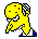Four pixelated yellow cartoon figures with red eyes and gray checkered hair, each in a different pose against a light gray background.