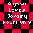 Pixelated text 'Alyssa Loves Jeremy Four110h!9' on red and black checkered background with diamond pattern.