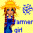 Pixel art icon of a female character with long red hair wearing blue overalls and an orange straw hat, standing against a yellow background with partial text "farmer girl" in blue pixelated font.