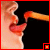 A pixelated close-up of a person's face with a red border, showing a mouth and hand holding a yellow object against a black background.