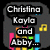 Two side-by-side display text about Christina Kayla and Abby being partners in crime, with musical notes and colored bars below