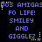 Blue pixelated text on black background repeats 'DOS AMIGAS', 'FO LIFE!', 'SMILEY AND GIGGLEZ' with white star-like sparkles.