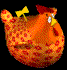 Animated orange chicken with red spots, yellow beak, and red comb, displaying sequential head and wing movements against black background.