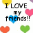 Pixelated graphic with text "I LOVE my friends!!" surrounded by colored hearts on a white background.