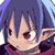 Pixelated anime-style character face with blue hair, red eyes, and a pinkish-red collar against a gradient background.