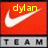 Red square icon with white Nike swoosh, yellow text 'dylan' at top left and 'katelyn' below, gray bar with black 'TEAM' across middle.