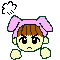 Pixel art contact sheet showing two frames of a cartoon character with pink bows, brown hair, and yellow limbs in running pose against gray background.