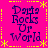 Bright pink background with yellow dotted and star-shaped border elements surrounding four identical text blocks reading "Dany's Rocks Up World" in dark blue pixelated font.