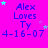 A bright pink background displays repeated text "Alex Loves Ty 4-16-07" with scattered small stars in cyan and light purple.