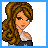 A 48x48 pixel animated contact sheet showing a cartoon woman with brown curly hair and blue eyes, alongside text variations of "the girl next door" in different colors and styles across multiple frames.