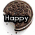 A static image shows a chocolate sandwich cookie with a bite taken out, overlaid with the text "Happy" in white letters on a black background.