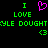 Green pixelated text on black background with pink heart symbol and green '<3' symbols, displaying 'I LOVE KYLE DOUGHTY' in two mirrored sections.