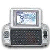 Pixelated image of a silver handheld gaming device with a screen showing abstract blue and white patterns, next to pixelated text reading 'My Life Is On That Phone' on a white background.