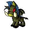 A small pixelated dragon with dark green body, blue mane, red eyes, and white tusks stands in a static pose against white background.