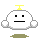 A 4-frame pixel art animation of a white cloud-like character with black eyes and mouth, yellow antenna, and gray outline, showing two static expressions above two animated states with Japanese text.