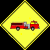 Yellow diamond-shaped warning sign with red fire truck on black background, green text 'Original Icons .com' on right side.