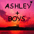 Pixelated sunset scene with pink and orange sky, dark water reflection, and black text reading 'ASHLEY + BOYS' on left and 'SUMMER LOVE' on right.