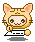Pixel art character in orange cat costume with pink inner ears, holding black pen over white keyboard, four distinct facial expressions across frames.