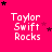 Bright pink background with white text 'Taylor Swift Rocks' and scattered black and pink stars in a